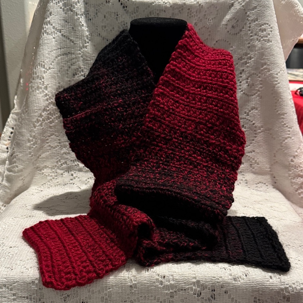 Cranberry and Black Crocheted Scarf